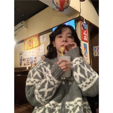 ifbeer 復古提花翻領拉鏈寬松灰色毛衣外套開衫女ins冬上衣針織衫