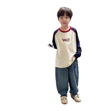 小杰家2025秋款中小大童插肩長袖純棉T恤童帥氣拼色字母上衣