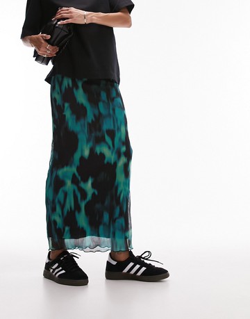 Topshop blurred animal crinkle plisse skirt in turquoise-Blue