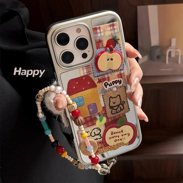 立體紅蘋果拼貼適用iphone16手機殼17promax鏡面13掛鏈14電鍍13代