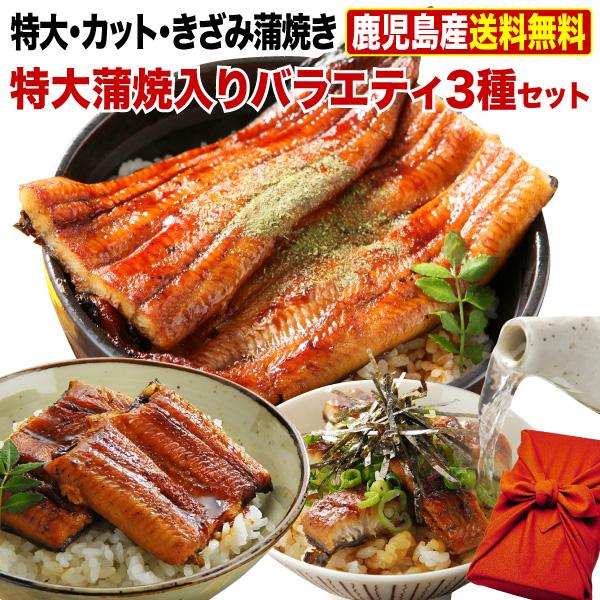 父の日 プレゼント ギフト うなぎ  食べ物 国産 鹿児島産 ブランド鰻 特大・カット・きざみ蒲焼き 3種セット 送料無料 60代 クール