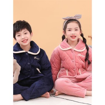 冬兒童法蘭絨睡衣套裝男童小女孩三層夾棉加絨加厚棉襖保暖居家服
