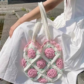 【花束手提🌹斜跨包】山茶花 手工 玫瑰編織複古單肩包包 diy材料 鈎織 毛綫閨蜜立體祖母格 情人節禮物 生日節日禮物