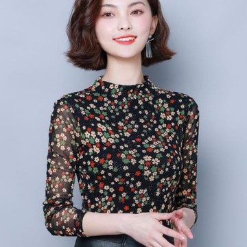 國標摩登交誼舞半高領網紗女士春秋長袖拉丁舞修身上衣廣場舞蹈服