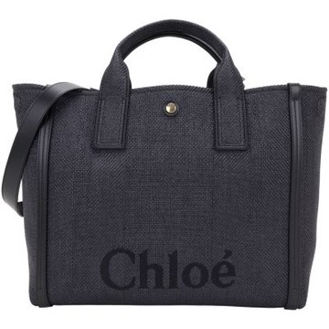 CHLOE 蔻依 CARRY 中型 深藍仿拉菲草編手提/肩背托特包(黑色皮革)