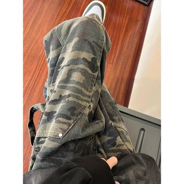 迷彩工裝牛仔褲男秋季美式潮牌小眾直筒褲高街ins寬松闊腿長褲子