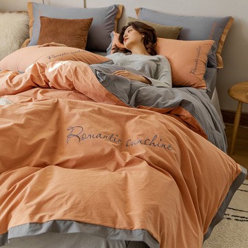 60支簡約焦糖色水洗棉床上四件套全棉北歐風ins刺繡被套純棉床單4