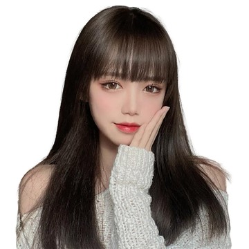 幸福揚邑 明星韓風齊瀏海修臉長直髮網紅造型女整頂假髮-深棕色