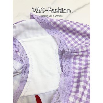 2025夏季新款Y2K純欲紫色小格子 無痕牛奶冰絲性感蕾絲邊三角內褲