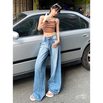 UNCOO 美式低腰闊腿牛仔褲女水洗藍裂紋顯瘦直筒褲顯高垂感拖地褲