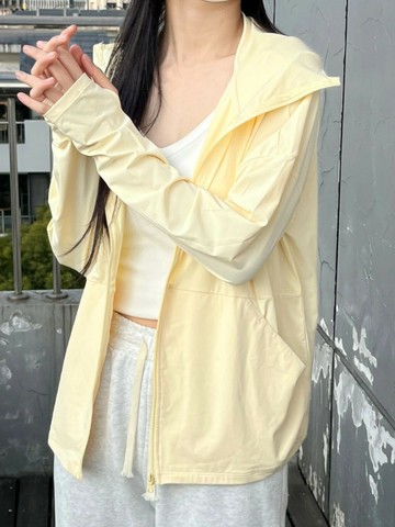 OLUX奶黃色防曬衣女夏季薄外套2023新款防紫外線原紗透氣防曬連帽