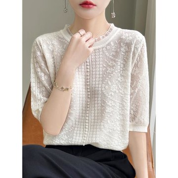 美爆了~木耳邊圓領針織短袖t恤寬松小香風蕾絲天絲桑蠶絲半袖上衣