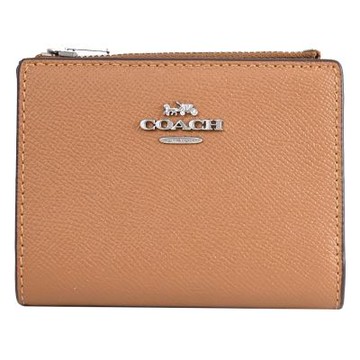 COACH 經典馬車LOGO防刮皮革扣式零錢短夾(淺咖)