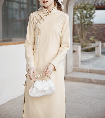 淺黃色 2色 毛呢千鳥格秋冬中長修身洋裝 新中式中秋春節改良旗袍