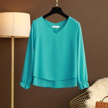 春夏季新款韓版女裝V領長袖打底上衣大碼寬松遮肚洋氣百搭雪紡衫