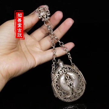 仿古古董雜項收藏白銅鏤空雙魚香囊苗銀藏銀壓襟鎖老銅器老物件
