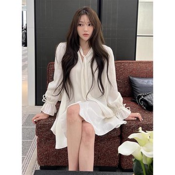 韓國chic小眾設計光澤感系帶連衣裙女寬松小個子喇叭袖襯衫裙子