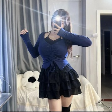 【吉野姐姐】大尺碼至6XL 微胖純欲套裝 胖mm顯瘦抽繩吊帶掛脖上衣+半身裙兩件套 蛋糕裙 短裙套裝 遮肉套裝 辣妹套裝