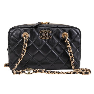 CHANEL 經典菱格紋手提側背波士頓包(金釦-黑色)