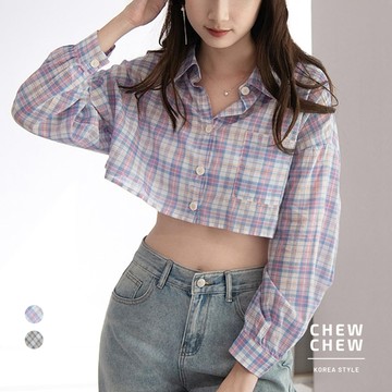 韓系女裝  韓國chic格紋長袖短版襯衫(薄料)  C2538