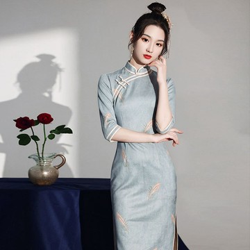 【新店特價】國潮旗袍女 年輕款少女旗袍 旗袍洋裝 高級高貴氣質名媛顯瘦洋裝 低開叉 七分袖