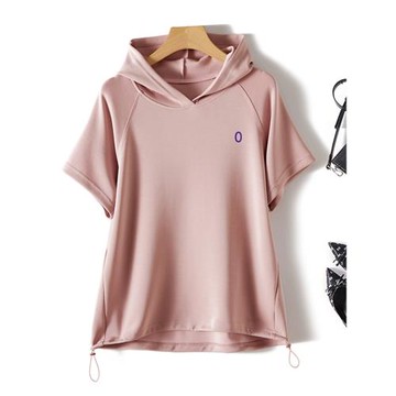 歐貨運動休閑T恤衫 清涼絲質棉顯瘦莫爾代棉質半袖連帽上衣夏裝