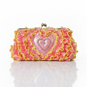 斜側背口金長夾錢包 復古浪漫愛心刺繡 手機護照包 長銀包 粉色