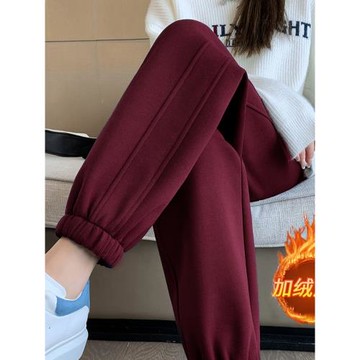 酒紅色運動褲女加絨秋冬新款寬松束腳休閑薄款春秋顯瘦哈倫衛褲子