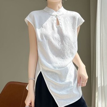 [巴黎精品] 現貨+預購 新中式唐裝絲質襯衫緞面上衣名媛絲綢冰絲涼感天絲長袖T恤-不對稱3色a1iz42