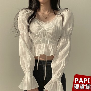 【PAPI】方領蝴蝶結公主袖上衣 秋冬新款韓系INS休閒百搭氣質長袖上衣 短版上衣T恤 合身T 打底衫女【6689】