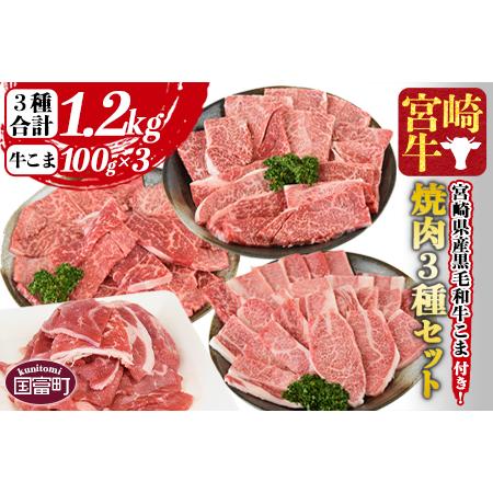 ふるさと納税 ＜宮崎牛 焼肉3種セット（ウデ・モモ・バラ）合計1.2kg ＋ 宮崎県産黒毛和牛こま切れ 合計300g＞2024年2月以降に順次出荷【 牛肉 .. 宮崎県国富町