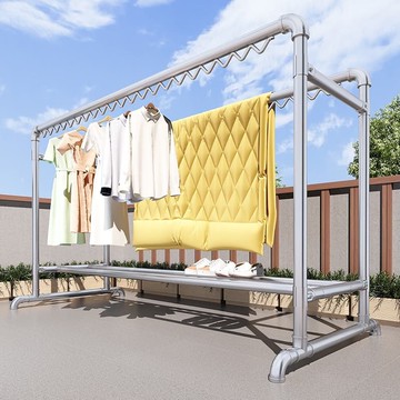 快速出貨 【可開發票】鋼管晾衣架落地家用臥室戶外掛簡易陽臺衣服加厚雙桿曬被子晾衣桿