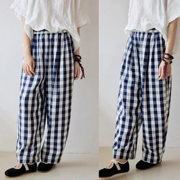 設計所在 獨家高端限量系列 205G萊賽爾亞麻絲麻色織格紋寬管長褲(S-L可選)