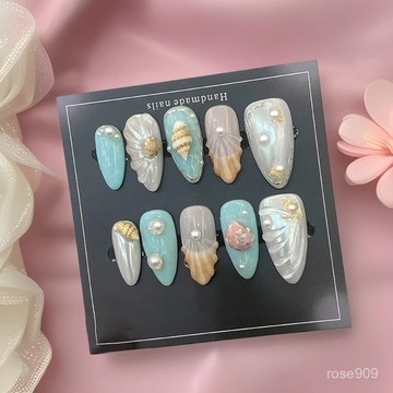 ✨Hannah✨落日貝殻美甲手工穿戴甲片高級感夏季歐美直髮手工純夏季手繪純手工穿戴甲 MU5M