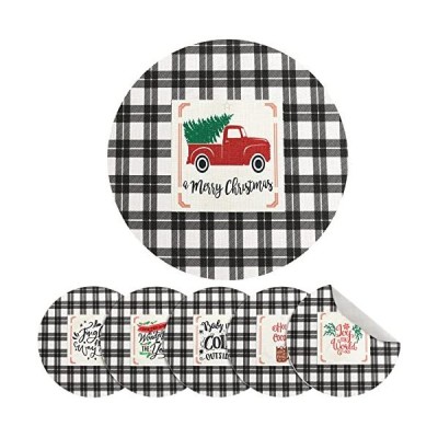 6 Pieces Christmas Buffalo Plaid Round Placemats Black and White Place Mats