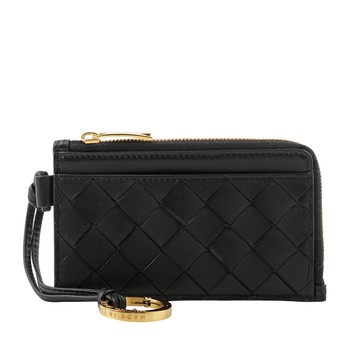 BOTTEGA VENETA L 型金色拉鍊小羊皮編織附鑰匙釦卡包/零錢包(黑色)