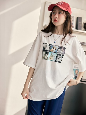 純棉六宮格貓咪相片印寬鬆短袖上衣