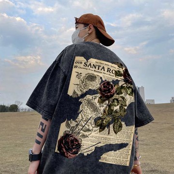 水洗重磅短袖T恤男夏季美式復古潮流大碼寬松體袖歐美潮牌七分袖