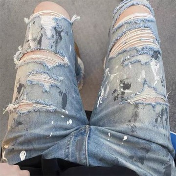高街美式高街潮牌個性手繪油漆潑墨做舊洗水破洞彈力修身牛仔褲