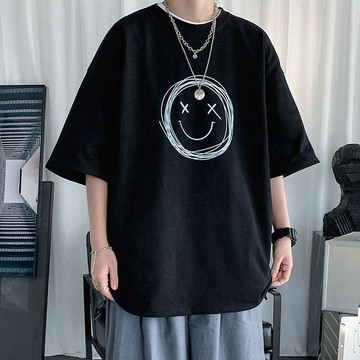 夏季短袖t恤男潮流寬鬆笑臉印花休閒上衣服港風潮牌百搭半袖體恤