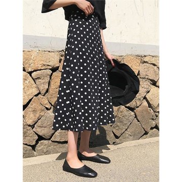 復古雪紡波點半身裙女2025夏季新款垂感高腰顯瘦中長款a字裙傘裙