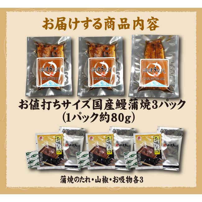 お値打ちサイズ　国産鰻蒲焼３パック　手焼き　送料無料　冷蔵クール便　ギフト　お祝い　誕生日　贈りもの