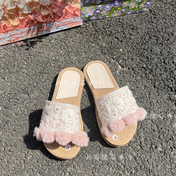 原創仙女度假風仿麻繩純手工蕾絲花朵毛球精致氣質女拖鞋沙灘鞋