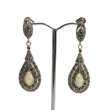 裝飾藝術風格 Gilson 蛋白石、白鐵礦套裝吊墜和耳環 925 純銀