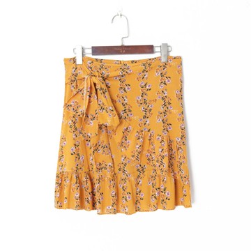 春季女裝法式復古碎花印花高腰拼接荷葉邊系帶顯瘦半身裙