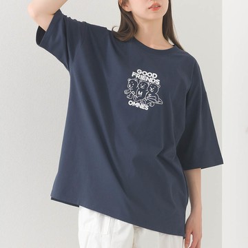 日本 OMNES - 純棉印花休閒短袖上衣-小熊好朋友-深藍 (M)