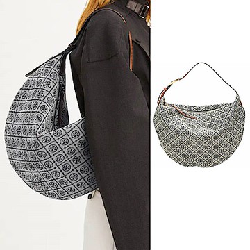 TORY BURCH T Monogram 大型 緹花編織拼皮革氣球包(海軍藍)