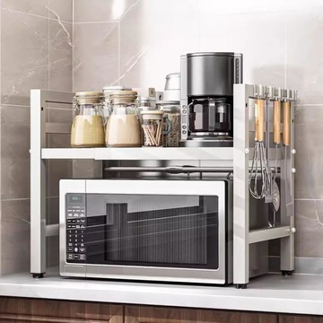 OfMIN 可伸縮微波爐置物架 + 6個掛鉤組  2段  白色  39-65 x 32 x 36-48 厘米