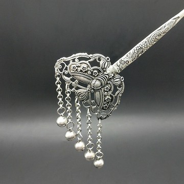 盤發古代苗銀發簪古風流蘇頭飾公主步搖簡約蓮花鈴鐺發簪多寶簪女