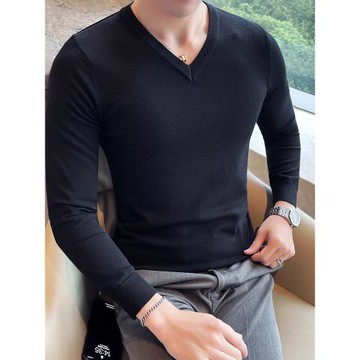 秋冬長袖針織衫男純色套頭打底衫青年修身V領毛衣簡約潮流毛線衫